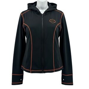 Harley-Davidson Hooded Jacket Womens XL Black Nylon Orange Contrast Stitch Zip